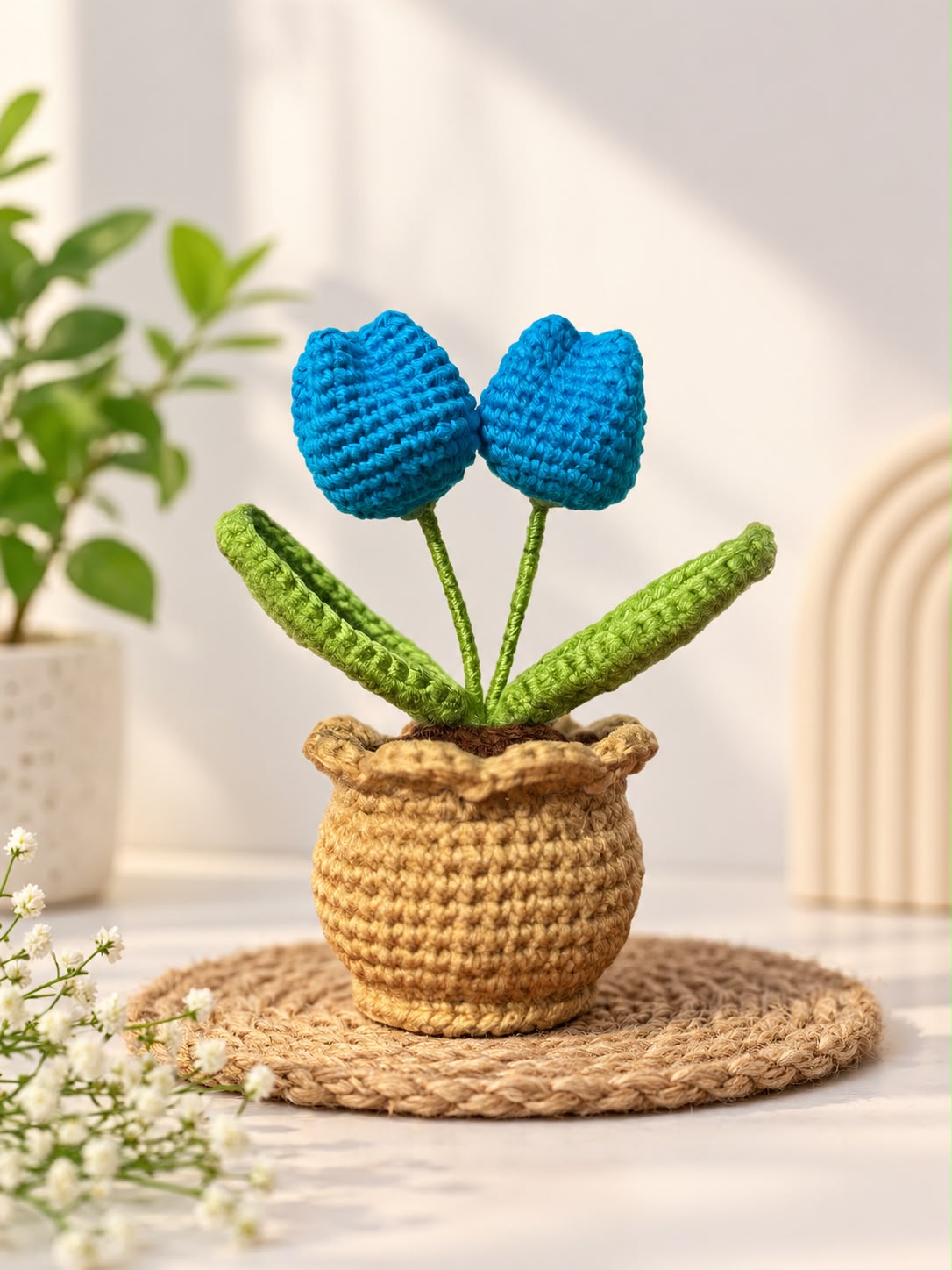Handmade Crochet Blue Tulip Flowerpot