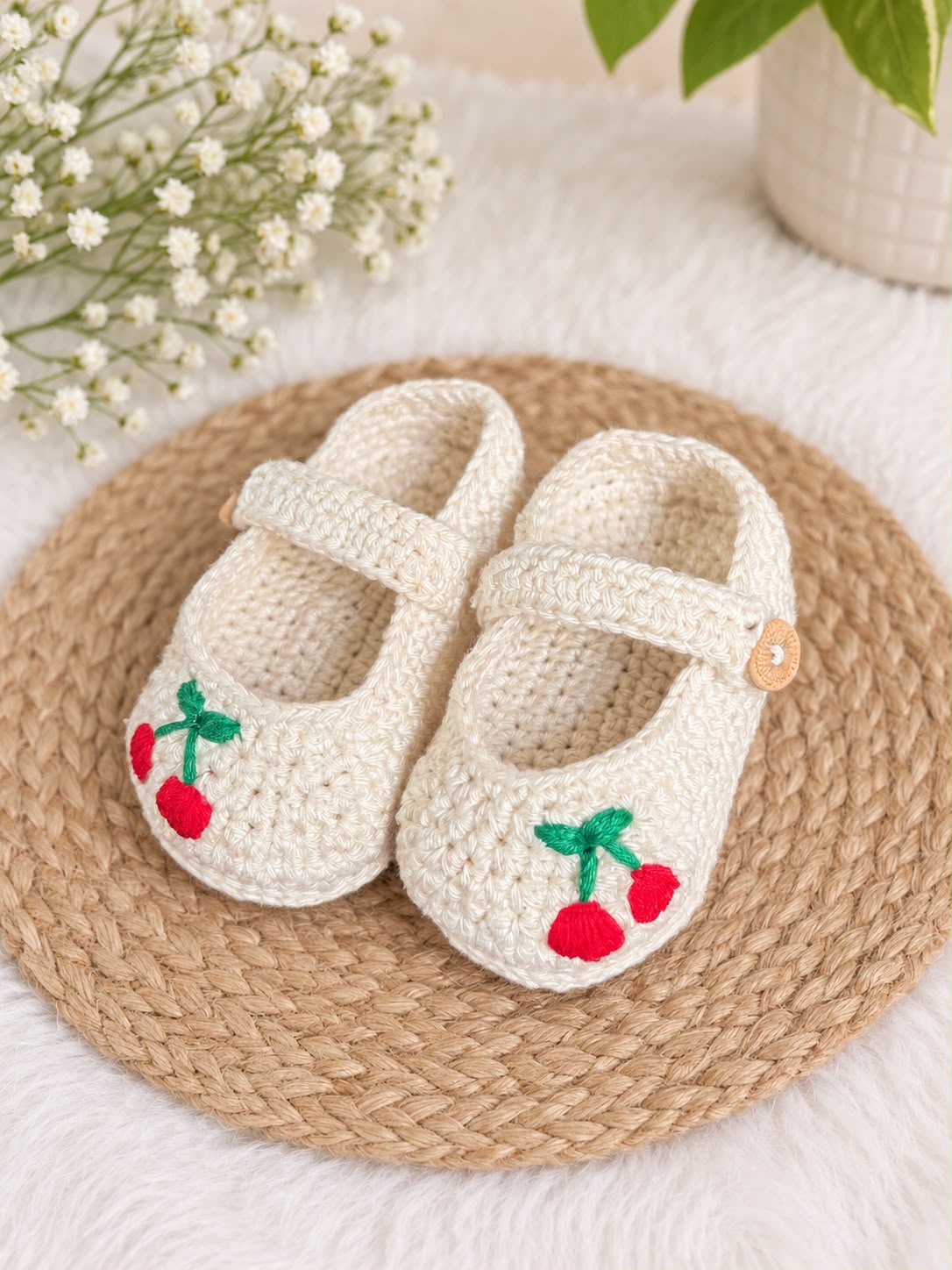 handmade cherry embroidered crochet baby shoes
