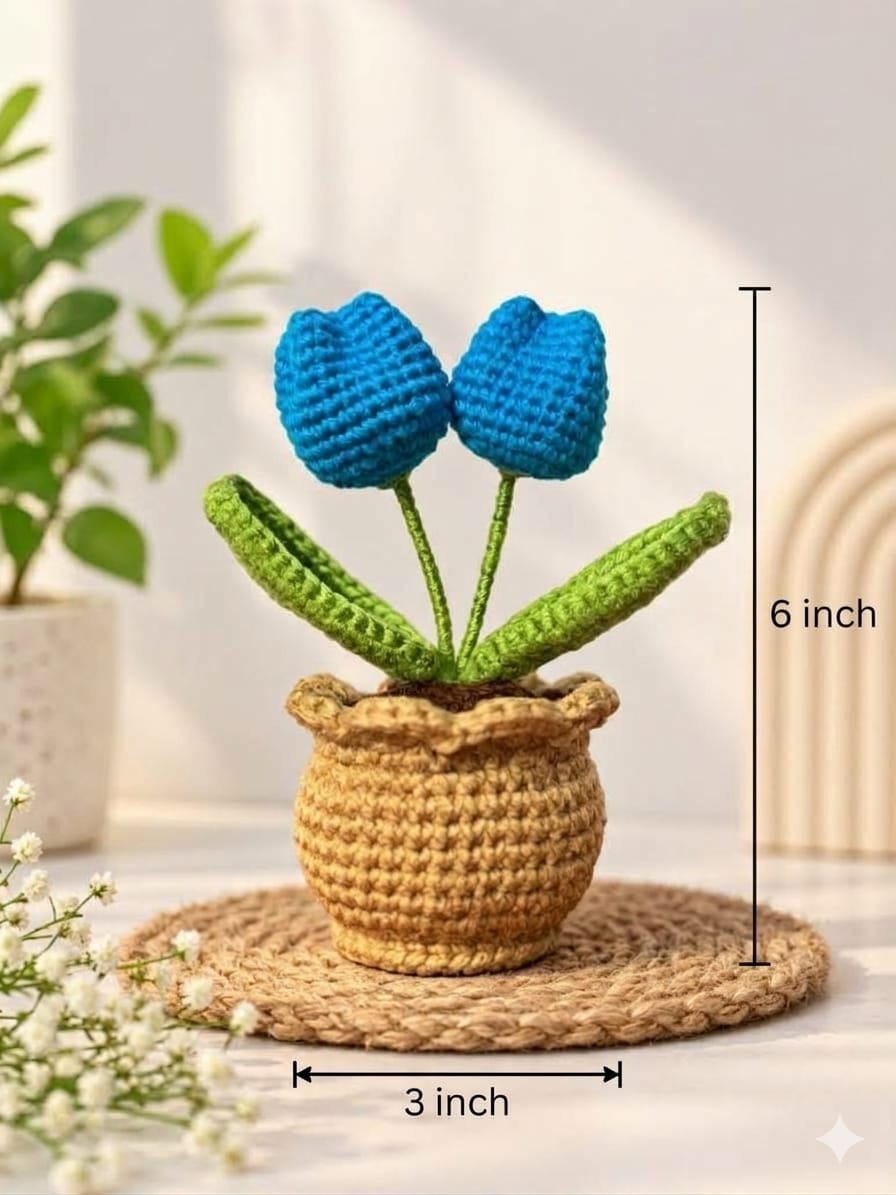Handmade Crochet Blue Tulip Flowerpot