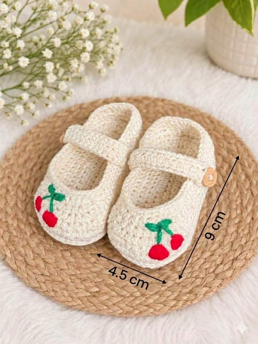 handmade cherry embroidered crochet baby shoes